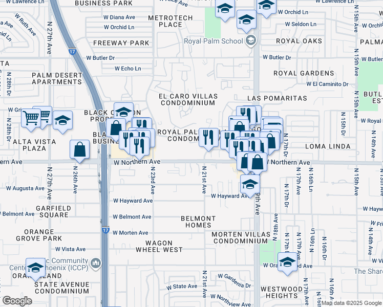 map of restaurants, bars, coffee shops, grocery stores, and more near West Northern Avenue in Phoenix