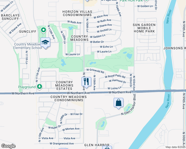 map of restaurants, bars, coffee shops, grocery stores, and more near 8160 North 106th Avenue in Peoria