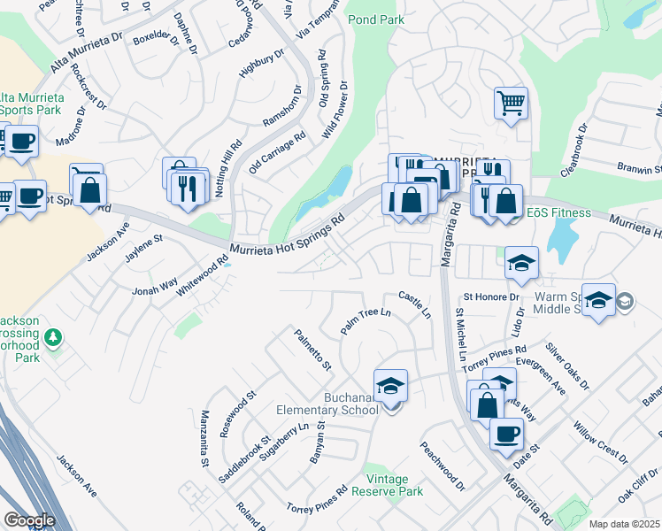 map of restaurants, bars, coffee shops, grocery stores, and more near 39848 Millbrook Way in Murrieta