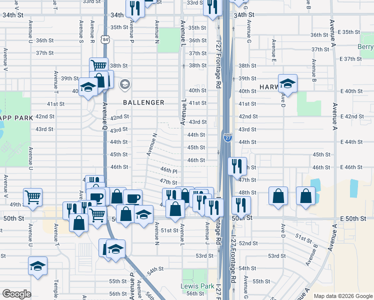 map of restaurants, bars, coffee shops, grocery stores, and more near 1119 45th Street in Lubbock