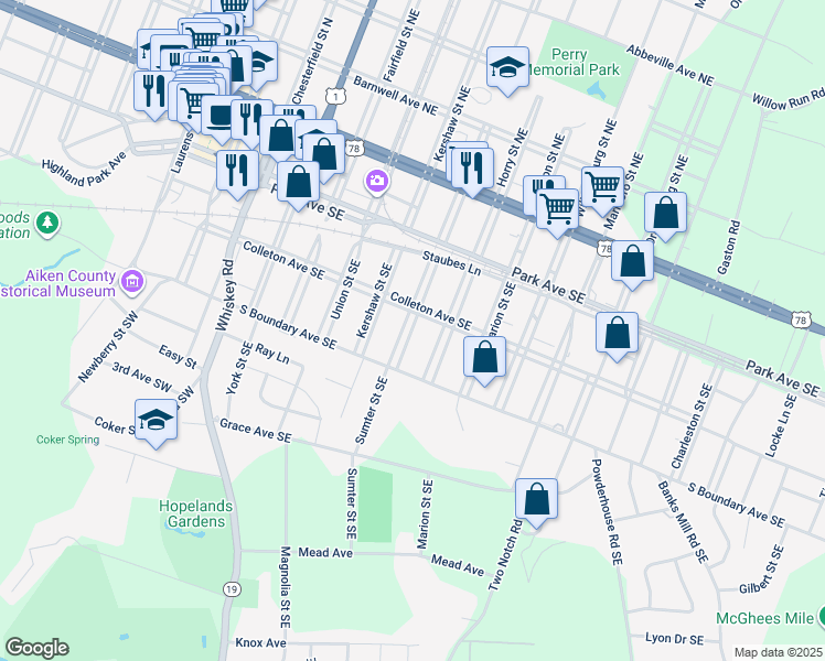 map of restaurants, bars, coffee shops, grocery stores, and more near 621 Colleton Avenue Southeast in Aiken