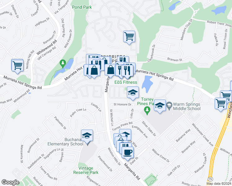 map of restaurants, bars, coffee shops, grocery stores, and more near 26242 Heritage Union Lane in Murrieta