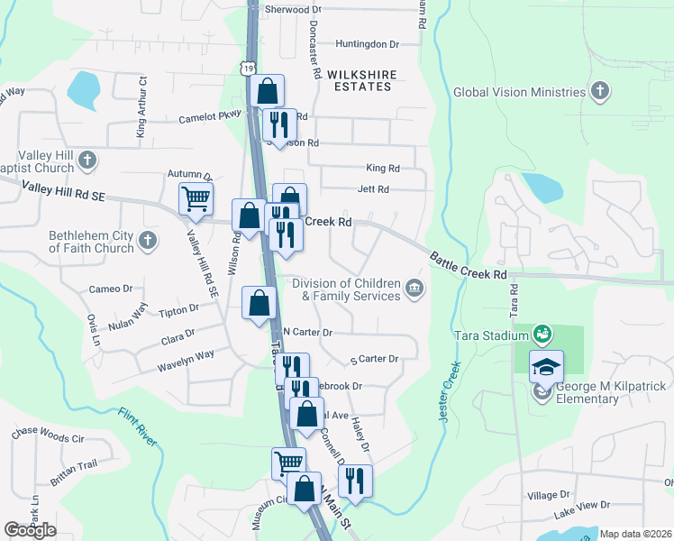 map of restaurants, bars, coffee shops, grocery stores, and more near 7335 Howard Circle in Jonesboro