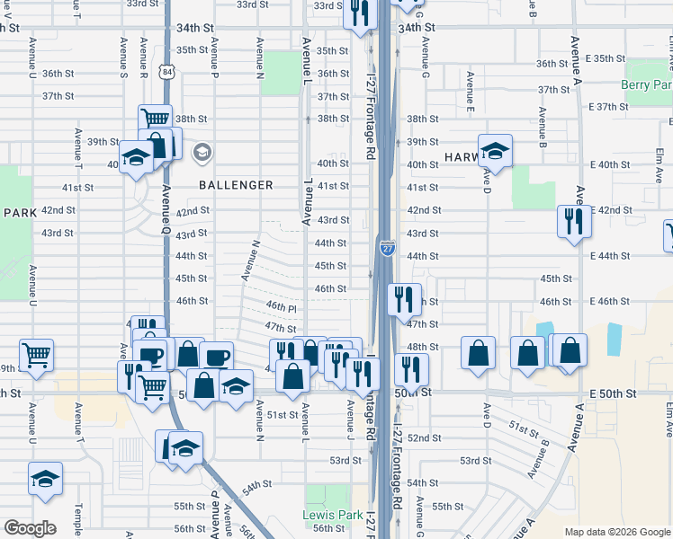 map of restaurants, bars, coffee shops, grocery stores, and more near 4502 Avenue J in Lubbock