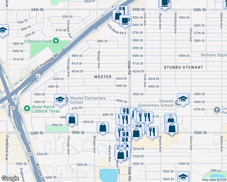 map of restaurants, bars, coffee shops, grocery stores, and more near 5304 45th Street in Lubbock