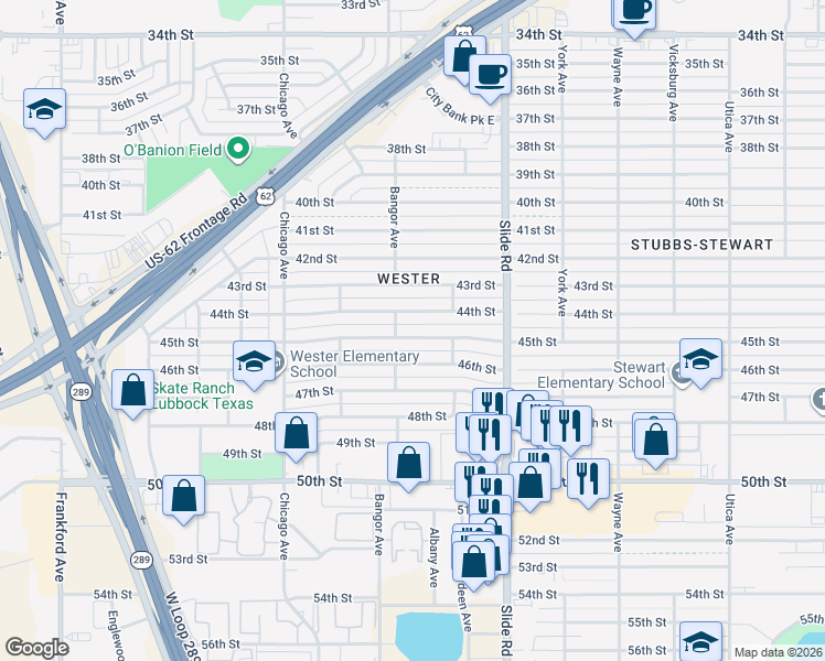map of restaurants, bars, coffee shops, grocery stores, and more near 5318 45th Street in Lubbock