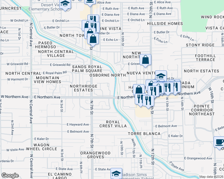 map of restaurants, bars, coffee shops, grocery stores, and more near 750 East Northern Avenue in Phoenix