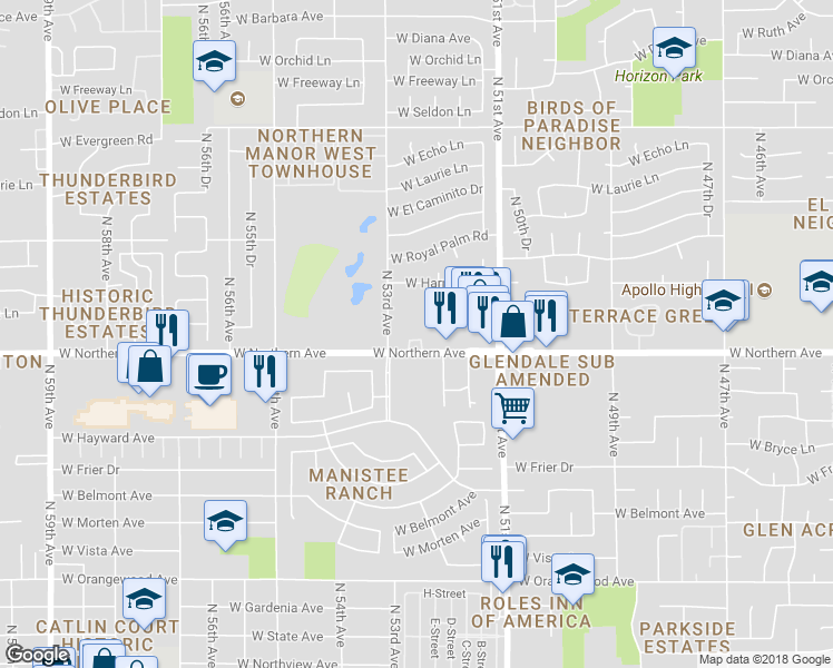 map of restaurants, bars, coffee shops, grocery stores, and more near 5220 West Northern Avenue in Glendale