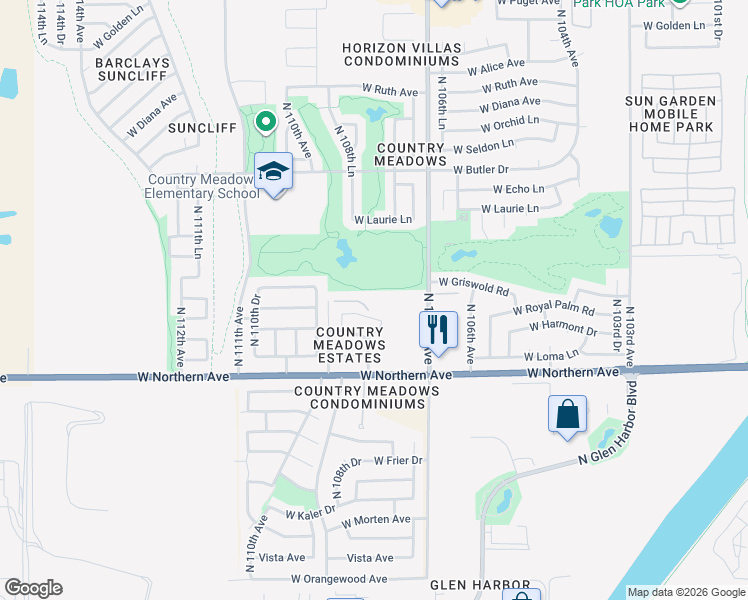 map of restaurants, bars, coffee shops, grocery stores, and more near 8140 North 107th Avenue in Peoria
