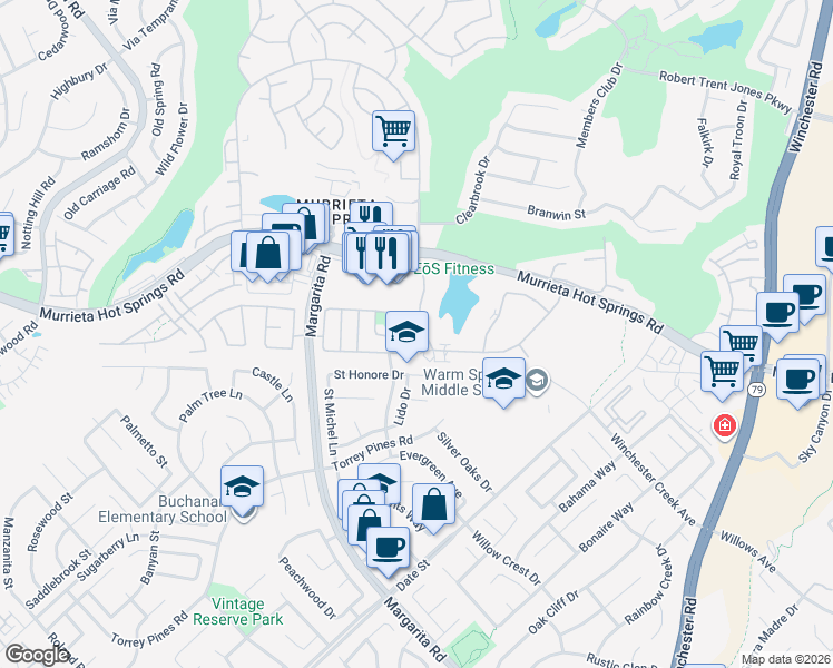 map of restaurants, bars, coffee shops, grocery stores, and more near 28145 Via Princesa in Murrieta