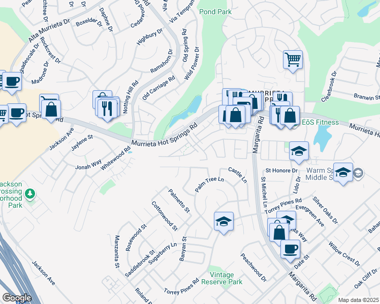 map of restaurants, bars, coffee shops, grocery stores, and more near 39862 Millbrook Way in Murrieta