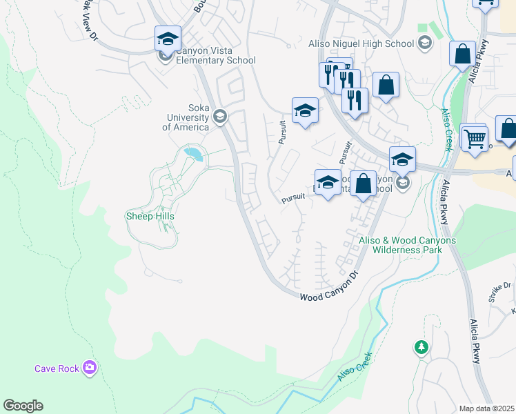 map of restaurants, bars, coffee shops, grocery stores, and more near 87 Cottage Lane in Aliso Viejo
