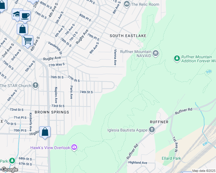 map of restaurants, bars, coffee shops, grocery stores, and more near 889 75th Street South in Birmingham