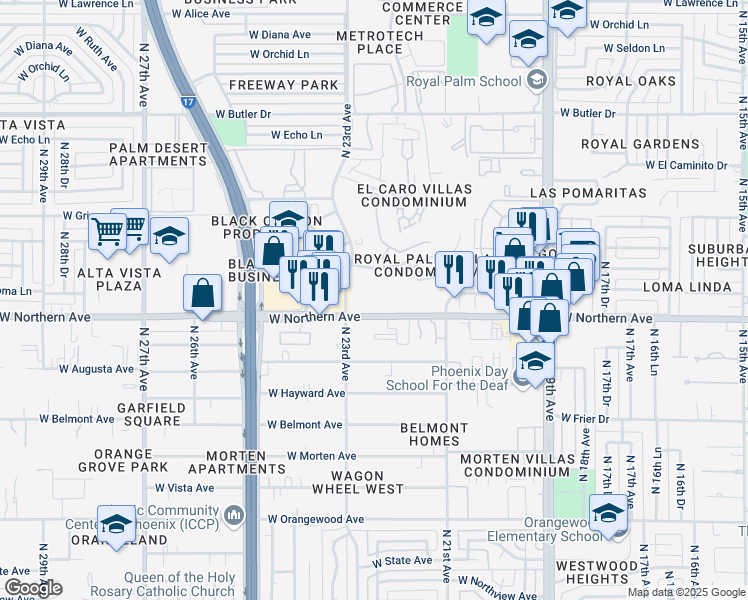map of restaurants, bars, coffee shops, grocery stores, and more near 2222 West Northern Avenue in Phoenix