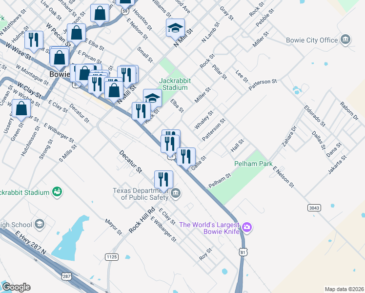 map of restaurants, bars, coffee shops, grocery stores, and more near 1206 East Tarrant Street in Bowie