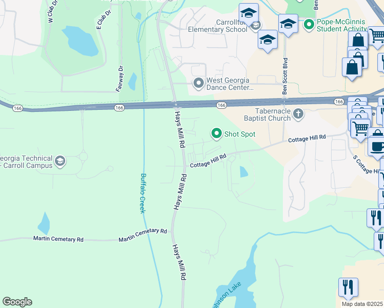 map of restaurants, bars, coffee shops, grocery stores, and more near 970 Hays Mill Road in Carrollton
