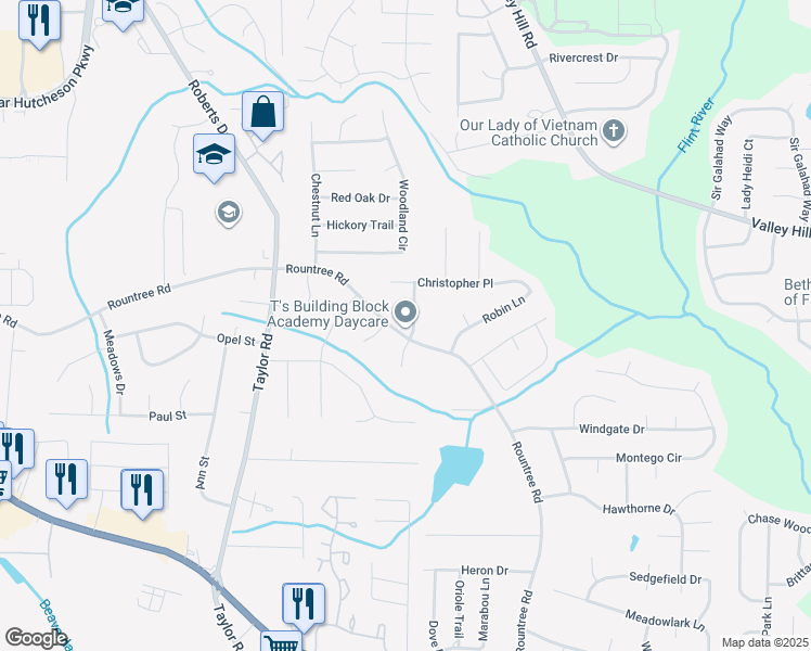 map of restaurants, bars, coffee shops, grocery stores, and more near 217 Rountree Road in Riverdale