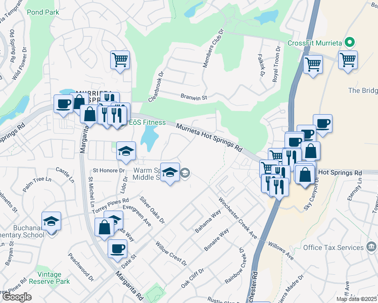 map of restaurants, bars, coffee shops, grocery stores, and more near 28919 Calle Del Lago in Murrieta