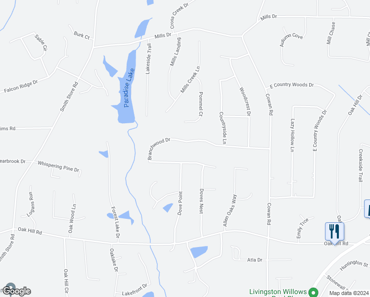 map of restaurants, bars, coffee shops, grocery stores, and more near 105 Branchwood Drive in Covington