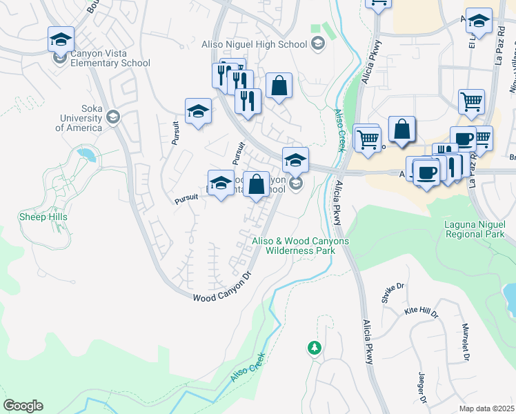 map of restaurants, bars, coffee shops, grocery stores, and more near 23 Las Flores in Aliso Viejo