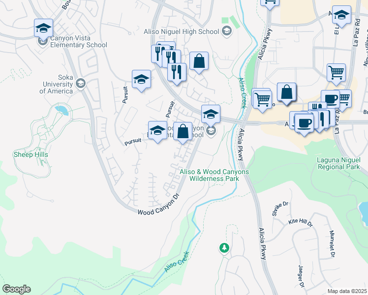 map of restaurants, bars, coffee shops, grocery stores, and more near 98 Las Flores in Aliso Viejo