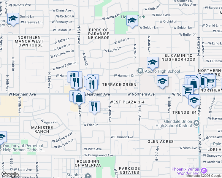 map of restaurants, bars, coffee shops, grocery stores, and more near 4836 West Northern Avenue in Glendale