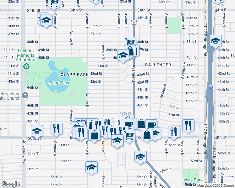 map of restaurants, bars, coffee shops, grocery stores, and more near 1902 45th Street in Lubbock