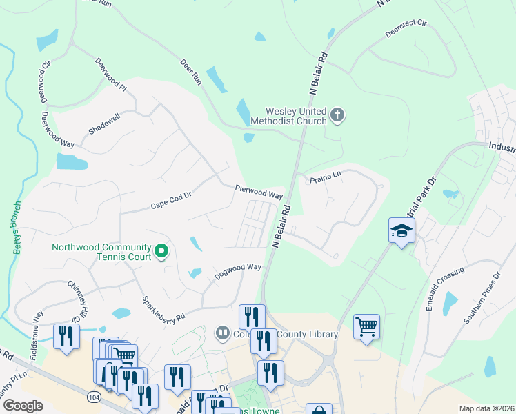 map of restaurants, bars, coffee shops, grocery stores, and more near 303 North Sandhills Lane in Evans