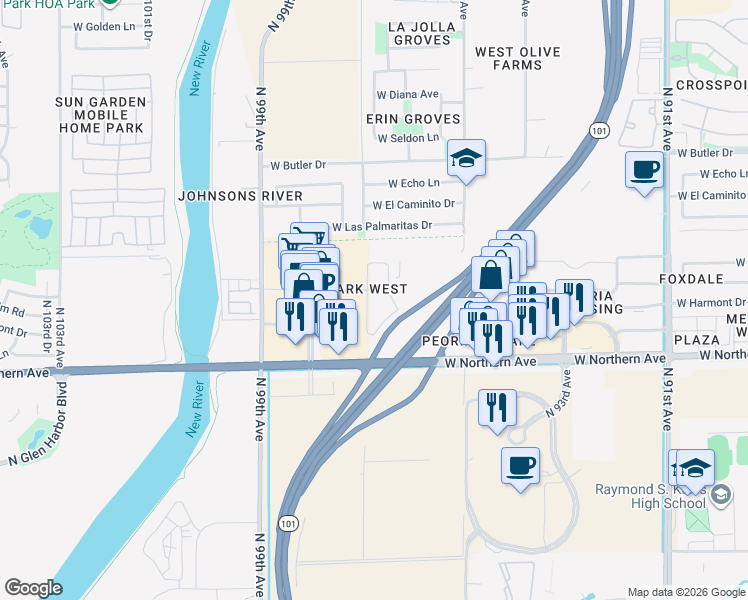 map of restaurants, bars, coffee shops, grocery stores, and more near 9680 West Northern Avenue in Peoria