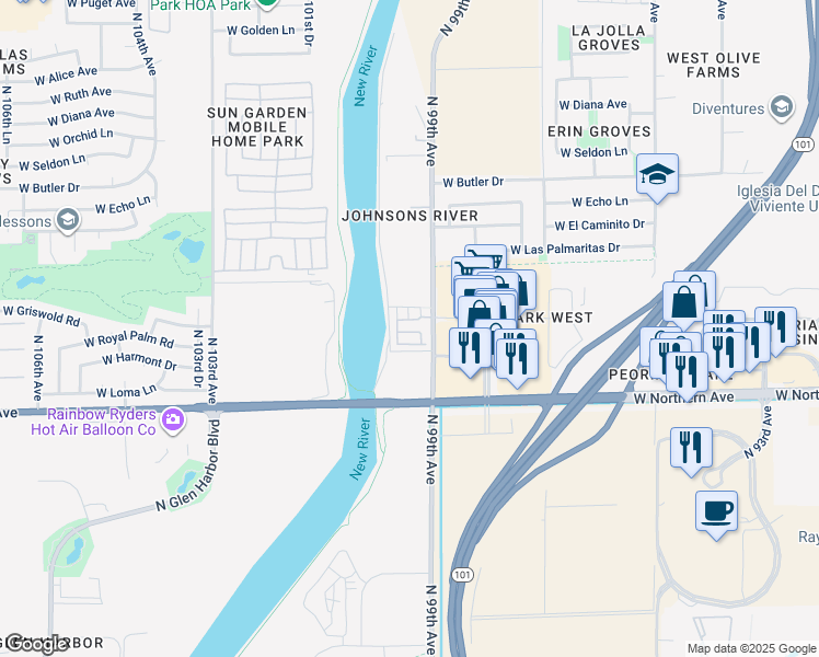 map of restaurants, bars, coffee shops, grocery stores, and more near 8102 North 99th Avenue in Peoria