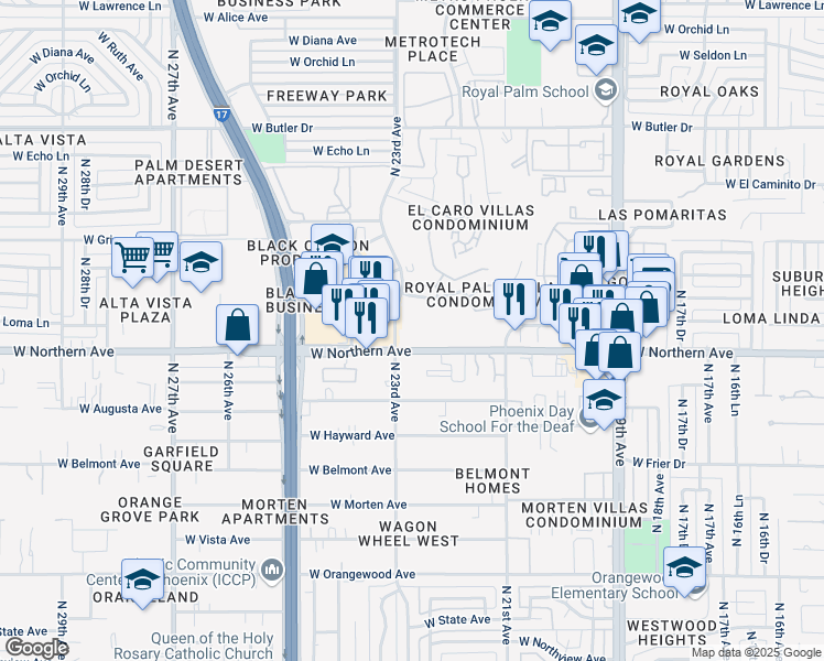 map of restaurants, bars, coffee shops, grocery stores, and more near 2222 West Northern Avenue in Phoenix
