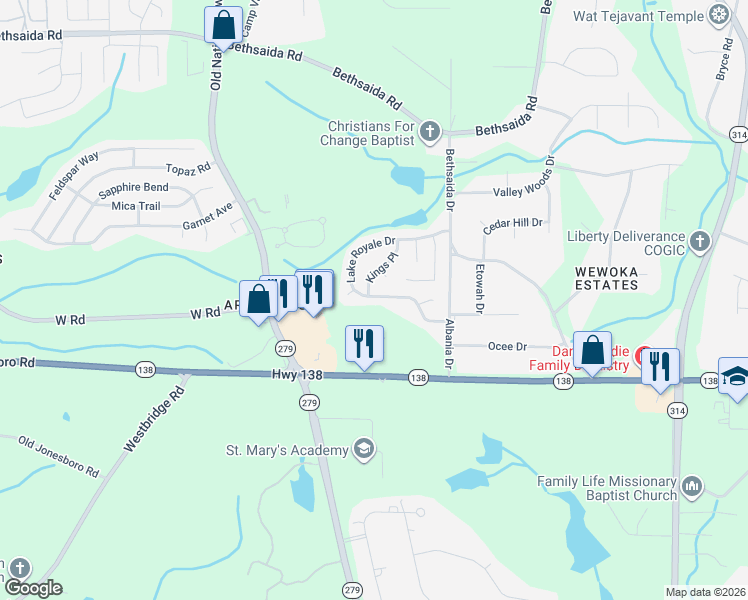 map of restaurants, bars, coffee shops, grocery stores, and more near 2435 Lake Royale Drive in Riverdale