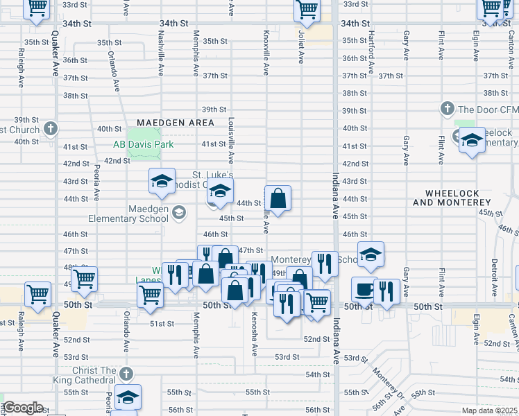 map of restaurants, bars, coffee shops, grocery stores, and more near 3603 44th Street in Lubbock