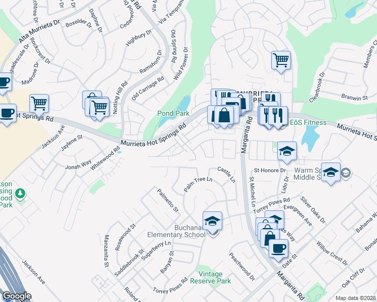 map of restaurants, bars, coffee shops, grocery stores, and more near 39697 School House Way in Murrieta