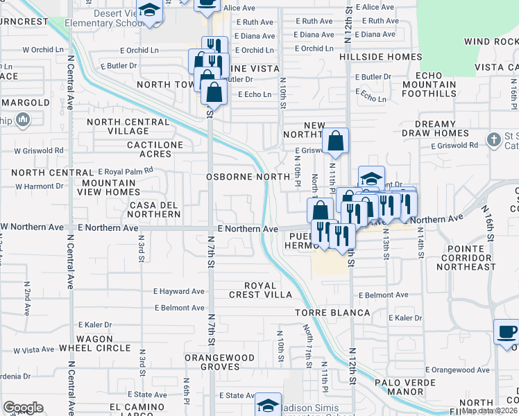 map of restaurants, bars, coffee shops, grocery stores, and more near 750 East Northern Avenue in Phoenix