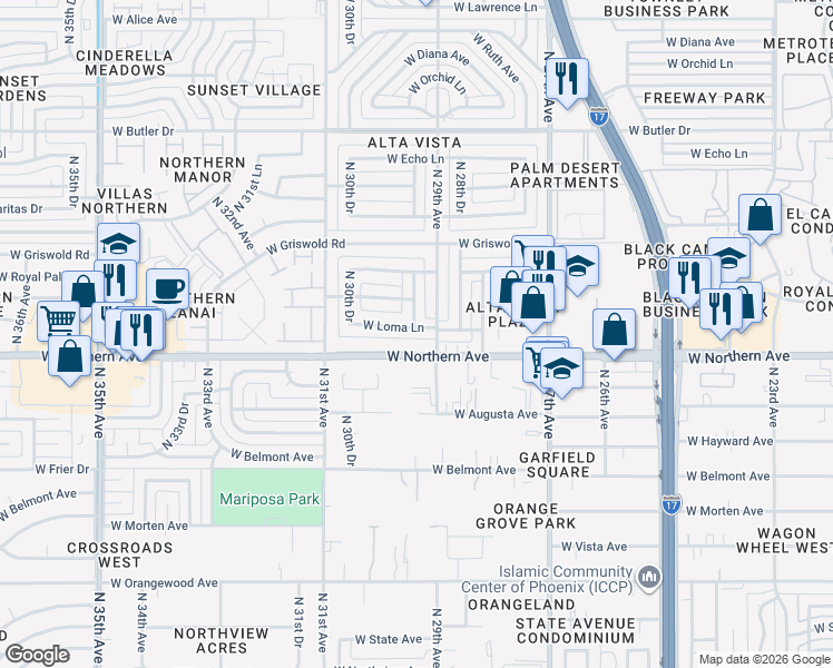 map of restaurants, bars, coffee shops, grocery stores, and more near 2912 West Northern Avenue in Phoenix