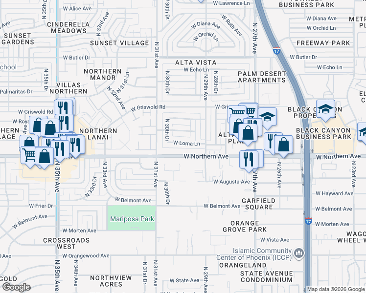 map of restaurants, bars, coffee shops, grocery stores, and more near 3002 West Northern Avenue in Phoenix