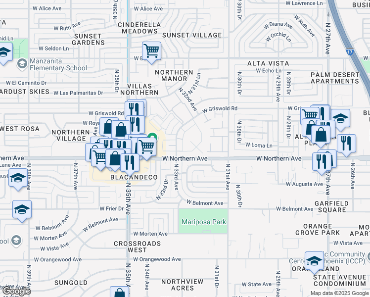map of restaurants, bars, coffee shops, grocery stores, and more near in Phoenix