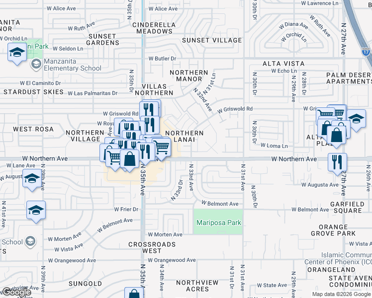map of restaurants, bars, coffee shops, grocery stores, and more near 3320 West Northern Avenue in Phoenix