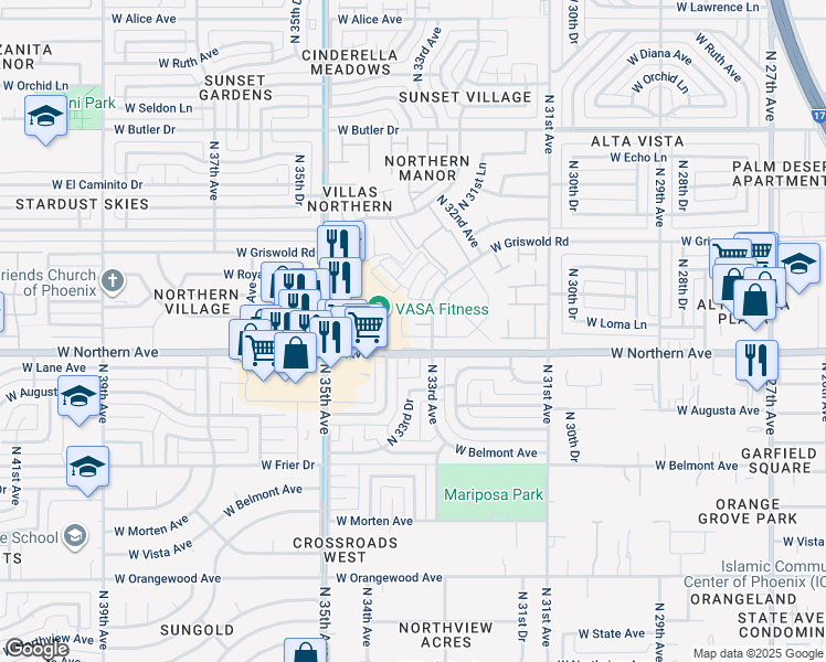 map of restaurants, bars, coffee shops, grocery stores, and more near 3320 West Northern Avenue in Phoenix
