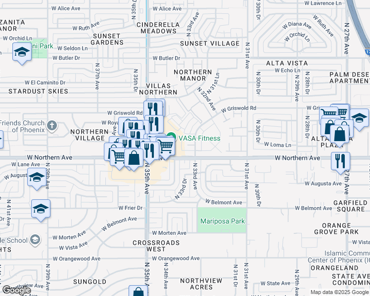map of restaurants, bars, coffee shops, grocery stores, and more near 3320 West Northern Avenue in Phoenix