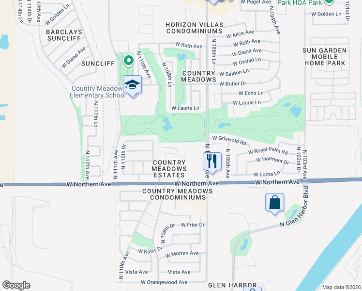 map of restaurants, bars, coffee shops, grocery stores, and more near 8140 North 107th Avenue in Peoria