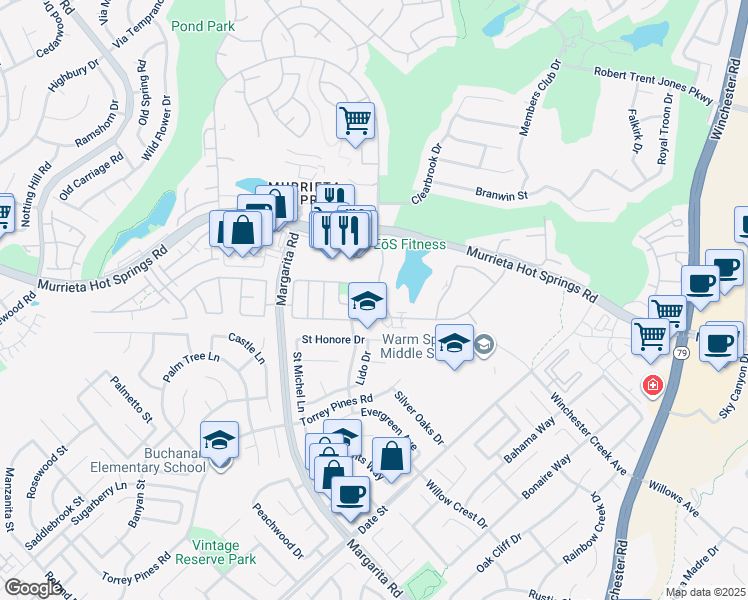 map of restaurants, bars, coffee shops, grocery stores, and more near 28145 Via Princesa in Murrieta