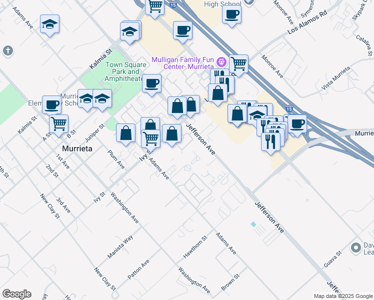 map of restaurants, bars, coffee shops, grocery stores, and more near 25075 Jefferson Avenue in Murrieta