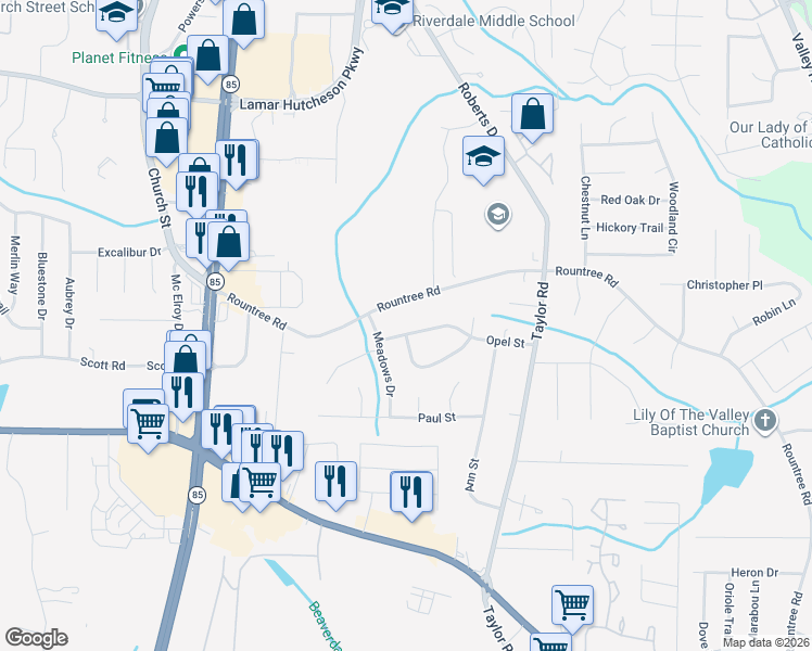 map of restaurants, bars, coffee shops, grocery stores, and more near 485 Opel Street in Riverdale