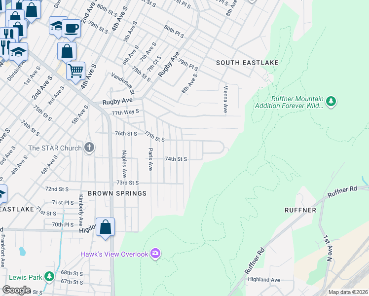 map of restaurants, bars, coffee shops, grocery stores, and more near 7413 Rome Avenue in Birmingham