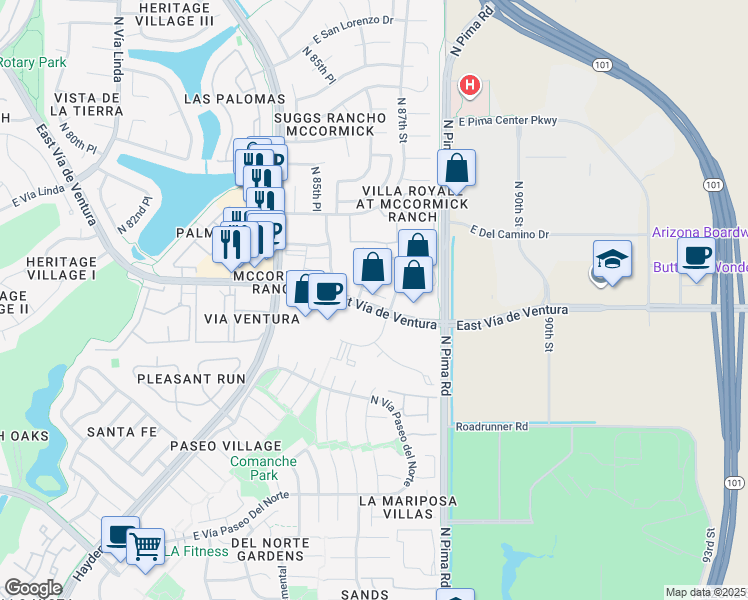 map of restaurants, bars, coffee shops, grocery stores, and more near 8700 East Vía de Ventura in Scottsdale