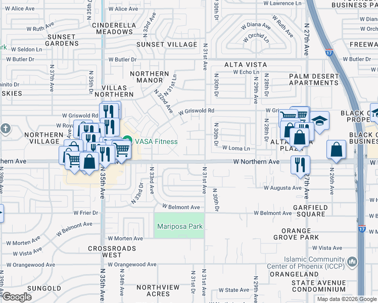 map of restaurants, bars, coffee shops, grocery stores, and more near 3111 West Loma Lane in Phoenix