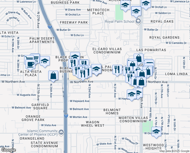 map of restaurants, bars, coffee shops, grocery stores, and more near 2224 West Northern Avenue in Phoenix