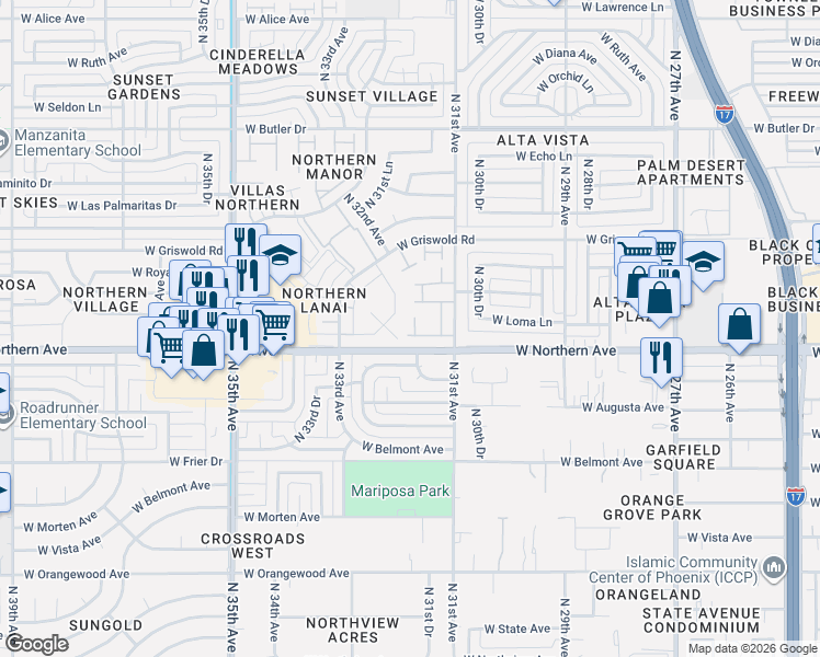 map of restaurants, bars, coffee shops, grocery stores, and more near 8004 North 32nd Drive in Phoenix